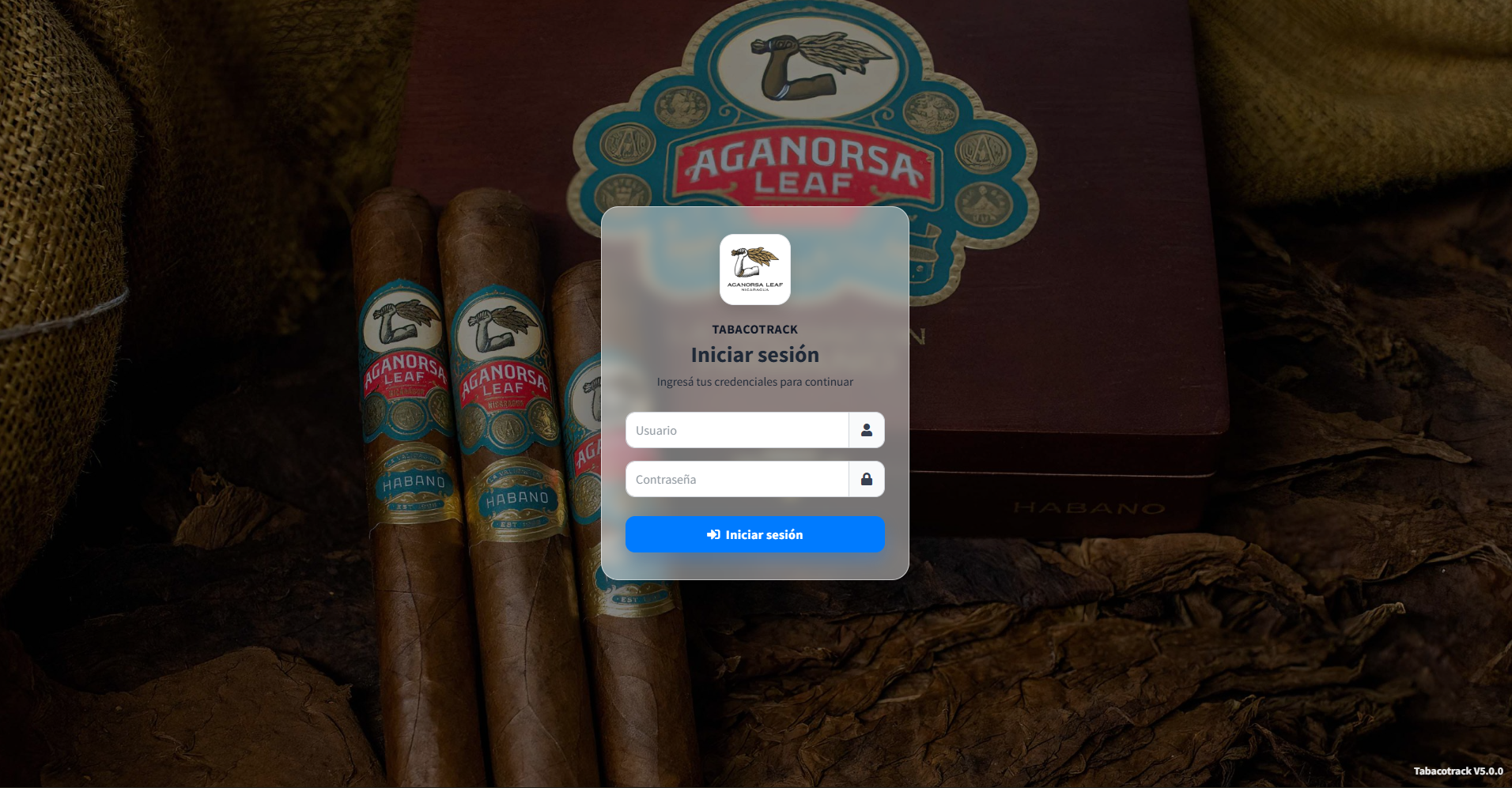 Pantalla de inicio de sesión de TabacoTrack para Aganorsa Leaf
